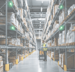 Employees pick goods in the warehouse using a pick-by-light system – illuminated LED displays on shelf compartments facilitate removal.
