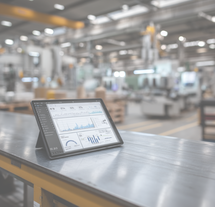 Tablet with analysis dashboard placed on a workbench in an industrial setting – blurred background with machinery and shelves. The chart displayed represents data for digital value stream analysis.