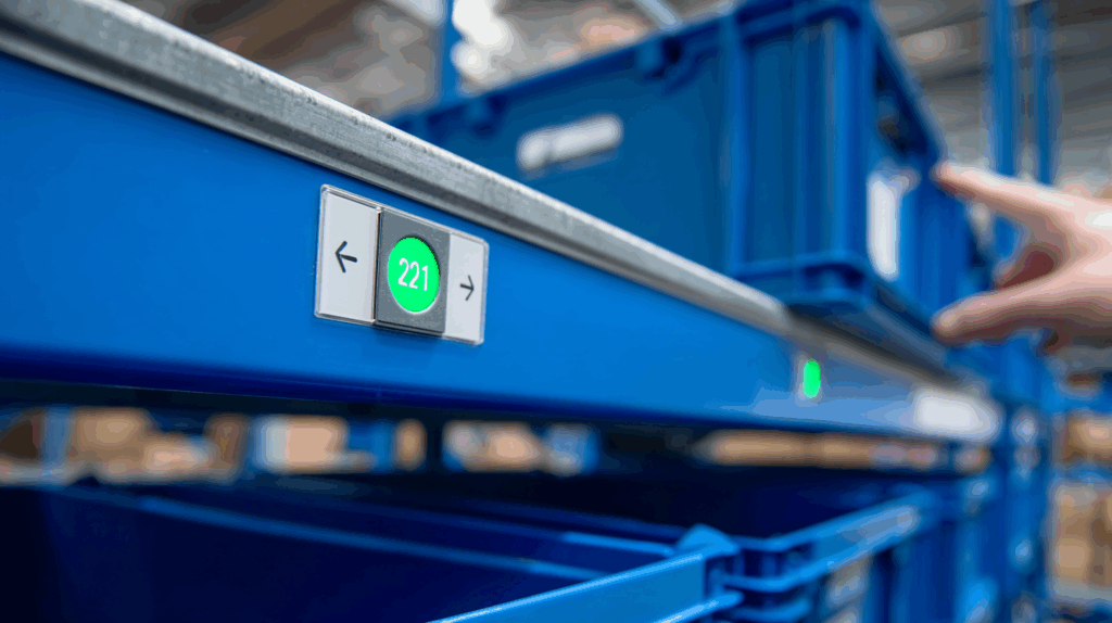 Pick-by-light system with green LED above a blue picking container in the warehouse